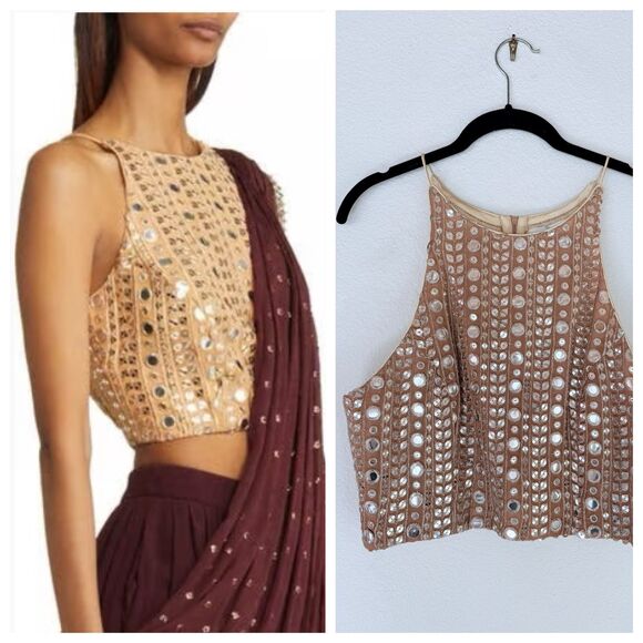 NWT Sani Tara Gold Mirror Embellished Halter Style Cropped Top Size XL *TOP ONLY - Picture 1 of 13